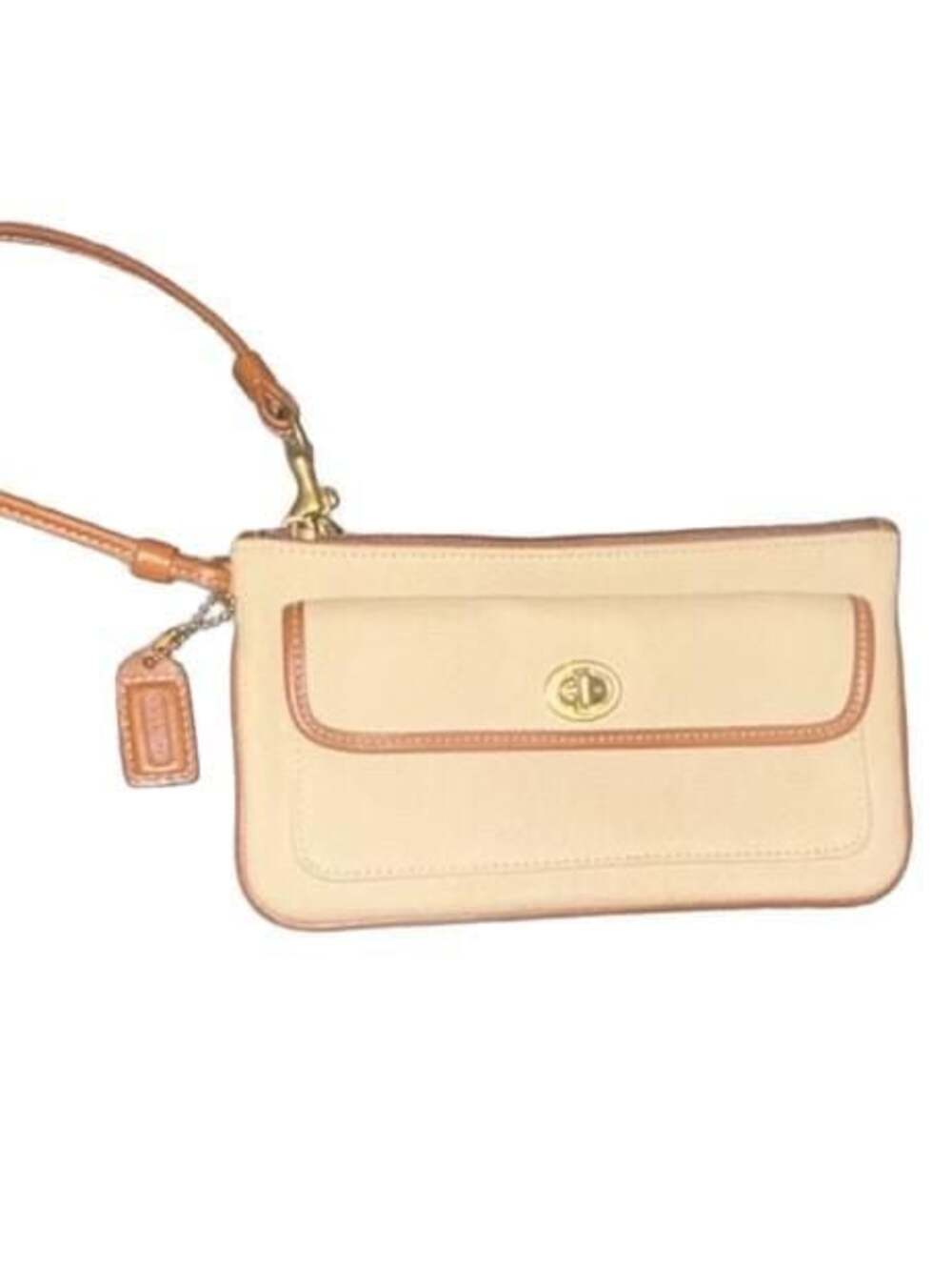 Vintage Coach Tan and Cream Canvas Turnlock Wristlet Pouch with Leather Trim